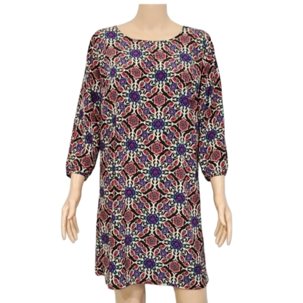 Old Navy Dress Size L  Black‎ Red Blue Floral Exposed Zipper Womens  3/4 Sleeve